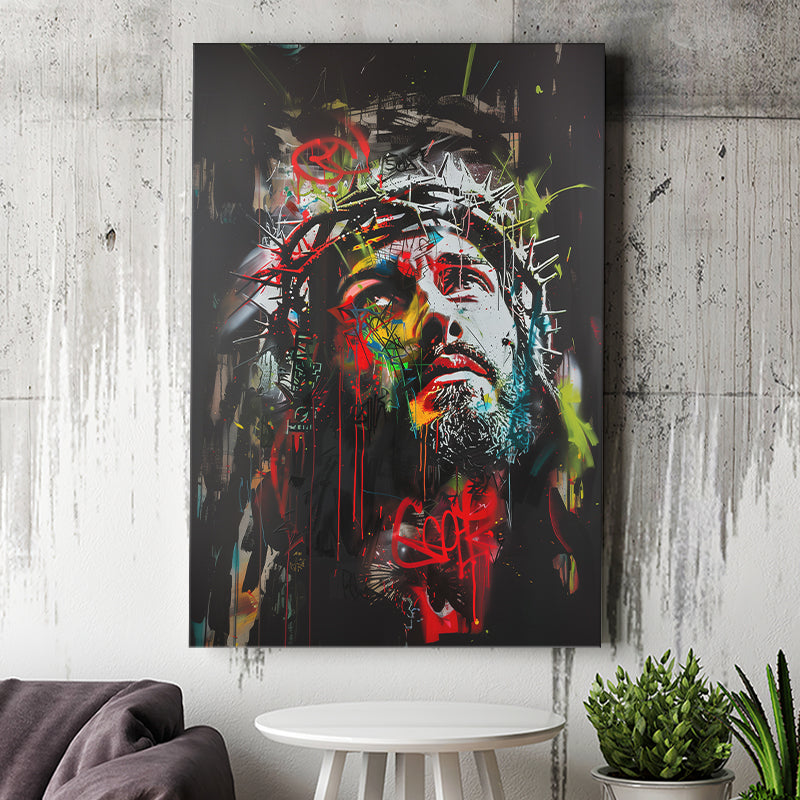 Crown Of Thorns Jesus Christ Portrait Graffiti Mixed Color, Canvas Painting, Canvas Print Wall Art Decor