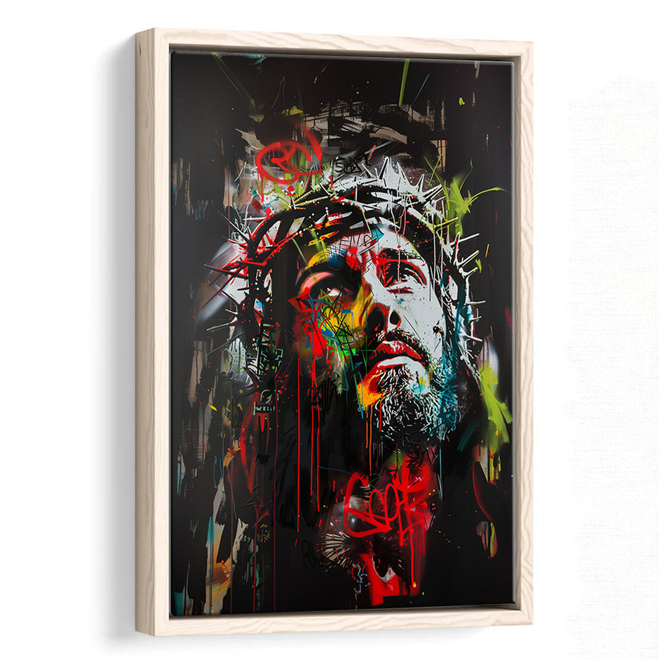 Crown Of Thorns Jesus Christ Portrait Graffiti Mixed Color,Framed Canvas Prints Wall Art Decor, Floating Frame