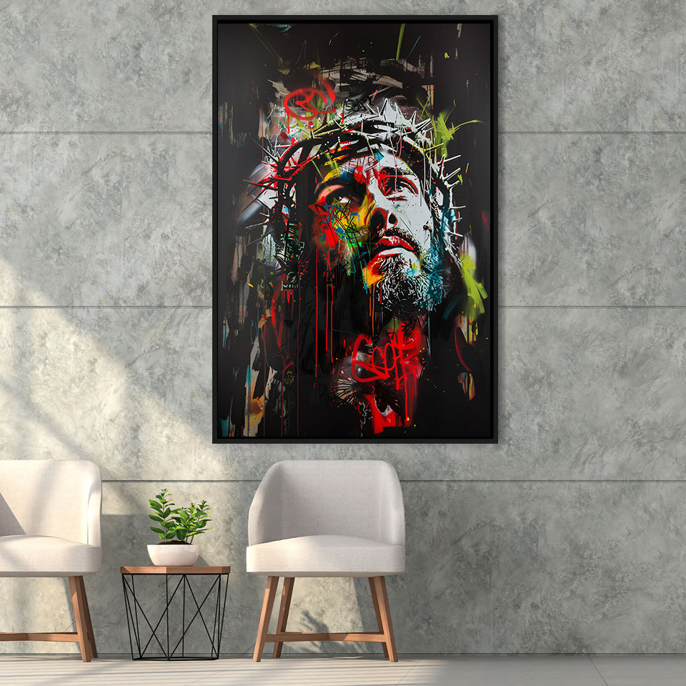 Crown Of Thorns Jesus Christ Portrait Graffiti Mixed Color,Framed Canvas Prints Wall Art Decor, Floating Frame