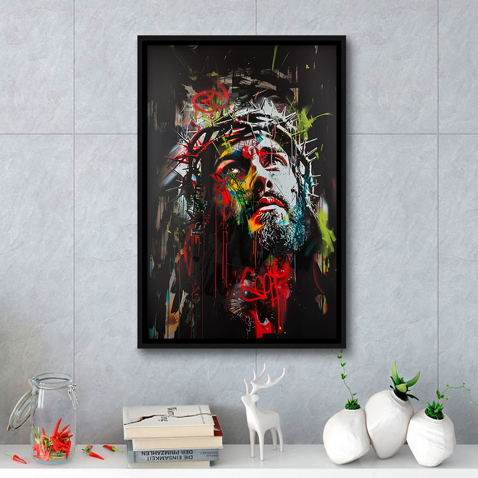 Crown Of Thorns Jesus Christ Portrait Graffiti Mixed Color,Framed Canvas Prints Wall Art Decor, Floating Frame