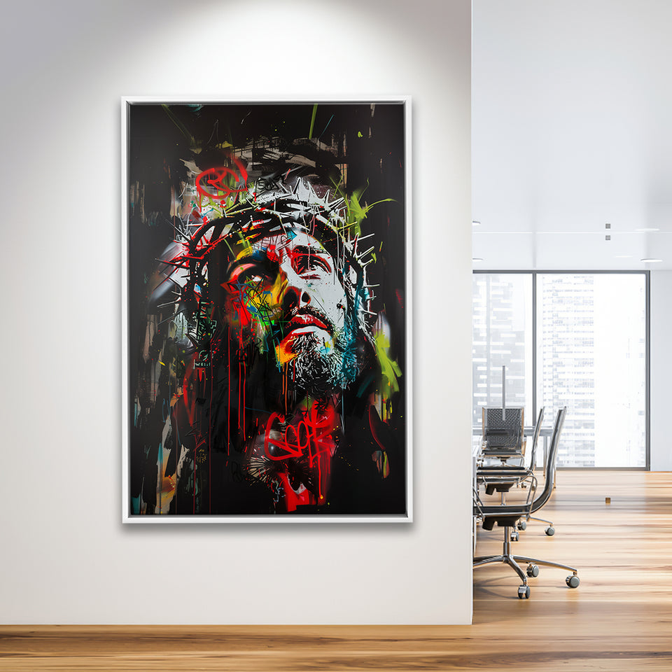 Crown Of Thorns Jesus Christ Portrait Graffiti Mixed Color,Framed Canvas Prints Wall Art Decor, Floating Frame