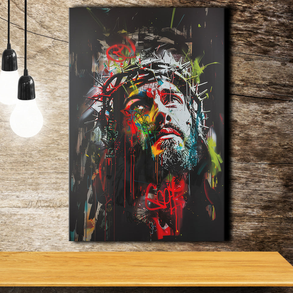 Crown Of Thorns Jesus Christ Portrait Graffiti Mixed Color, Canvas Painting, Canvas Print Wall Art Decor