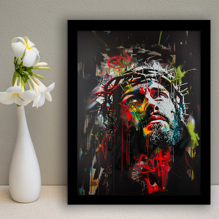 Crown Of Thorns Jesus Christ Portrait Graffiti Mixed Color,Framed Art Prints Wall Decor, Picture Framed