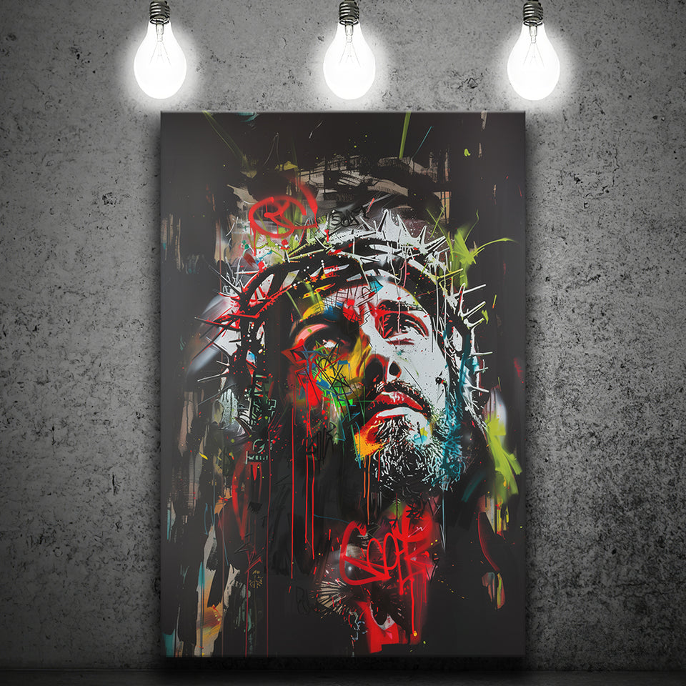Crown Of Thorns Jesus Christ Portrait Graffiti Mixed Color, Canvas Painting, Canvas Print Wall Art Decor