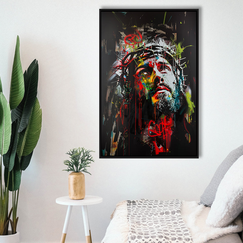 Crown Of Thorns Jesus Christ Portrait Graffiti Mixed Color,Framed Canvas Prints Wall Art Decor, Floating Frame