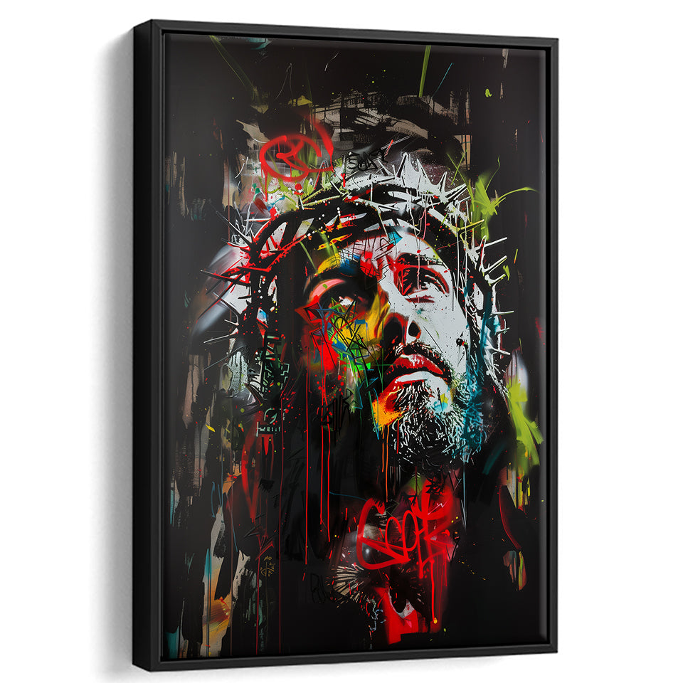 Crown Of Thorns Jesus Christ Portrait Graffiti Mixed Color,Framed Canvas Prints Wall Art Decor, Floating Frame