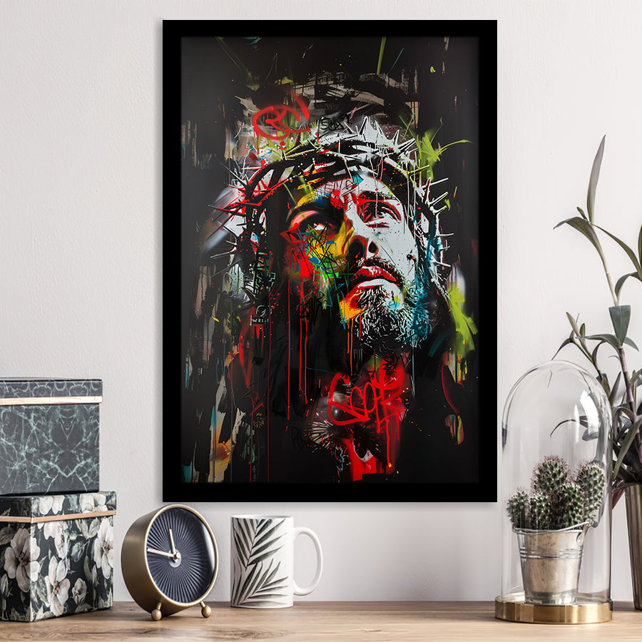 Crown Of Thorns Jesus Christ Portrait Graffiti Mixed Color,Framed Art Prints Wall Decor, Picture Framed