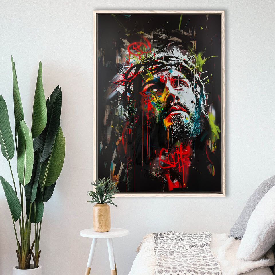 Crown Of Thorns Jesus Christ Portrait Graffiti Mixed Color,Framed Canvas Prints Wall Art Decor, Floating Frame
