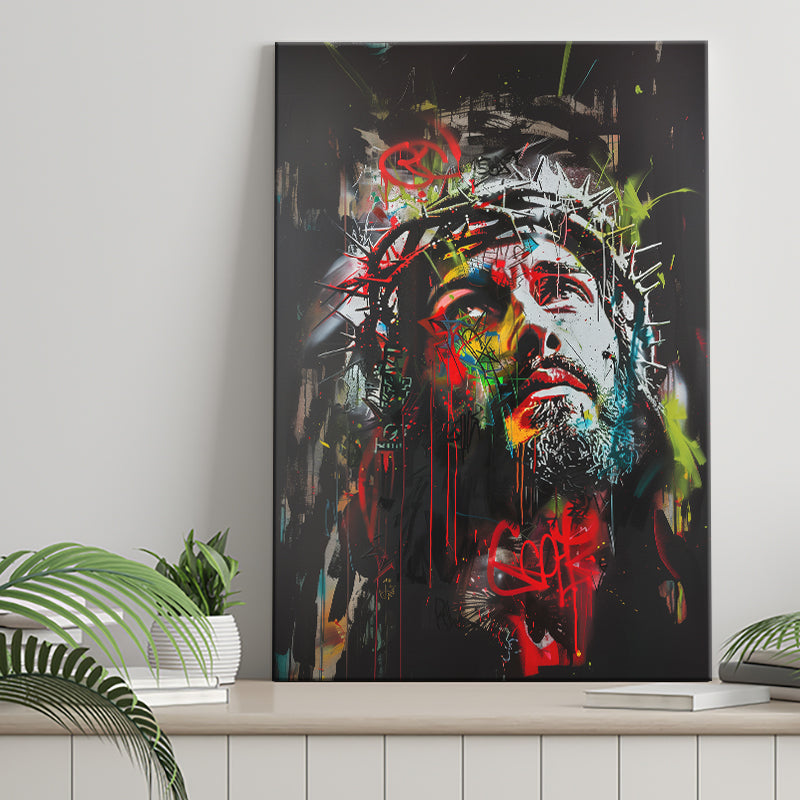 Crown Of Thorns Jesus Christ Portrait Graffiti Mixed Color, Canvas Painting, Canvas Print Wall Art Decor