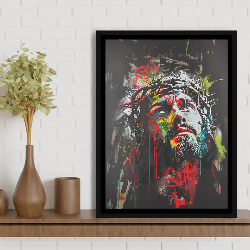 Crown Of Thorns Jesus Christ Portrait Graffiti Mixed Color,Framed Canvas Prints Wall Art Decor, Floating Frame