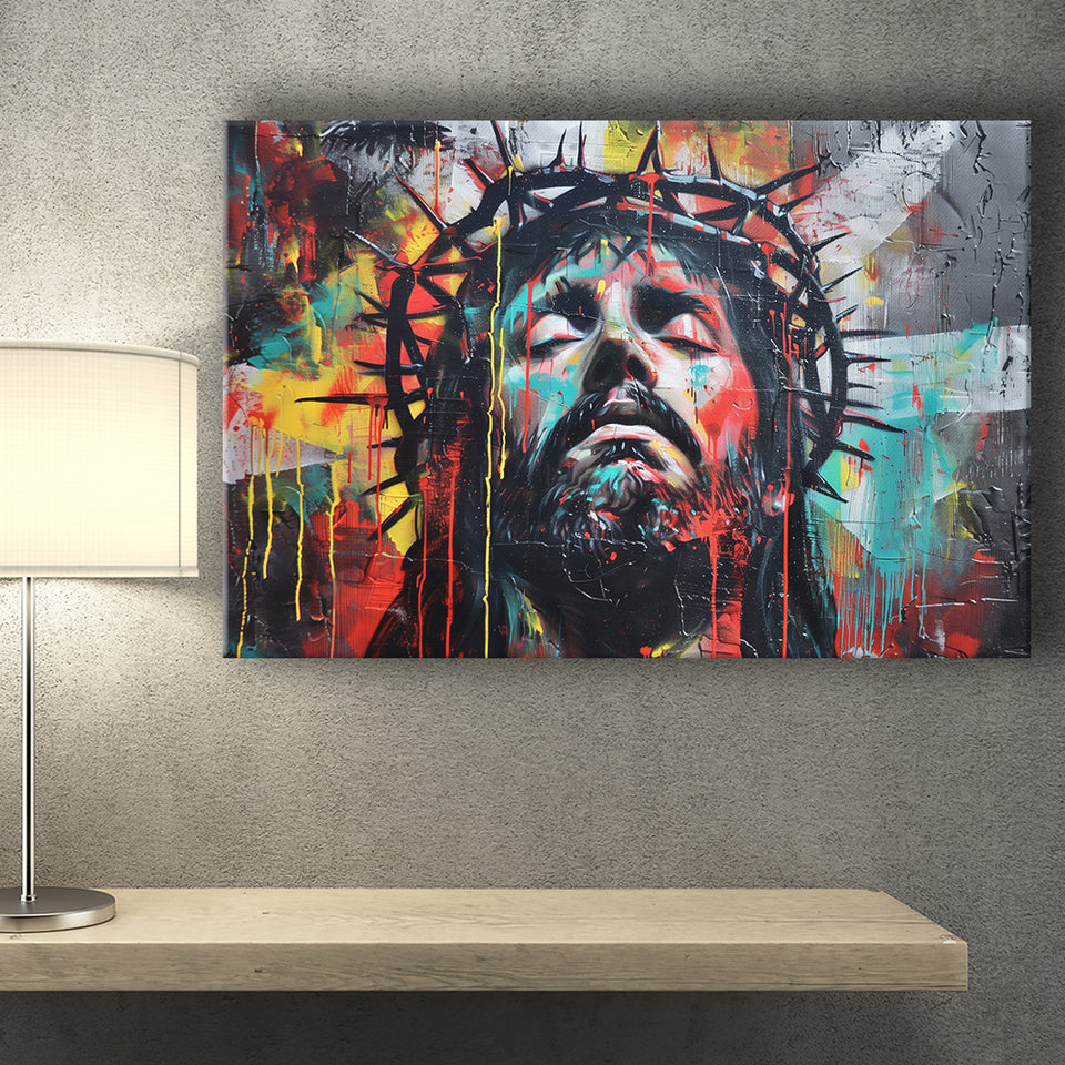Crown Of Thorns Jesus Christ Portrait Graffiti Painting, Canvas Print Wall Art Decor, Landscape Art Print