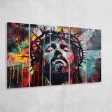 Crown Of Thorns Jesus Christ Portrait Graffiti Painting, Extra Large Multi 5 Panel Canvas Print Wall Art Decor