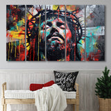 Crown Of Thorns Jesus Christ Portrait Graffiti Painting, Extra Large Multi 5 Panel Canvas Print Wall Art Decor