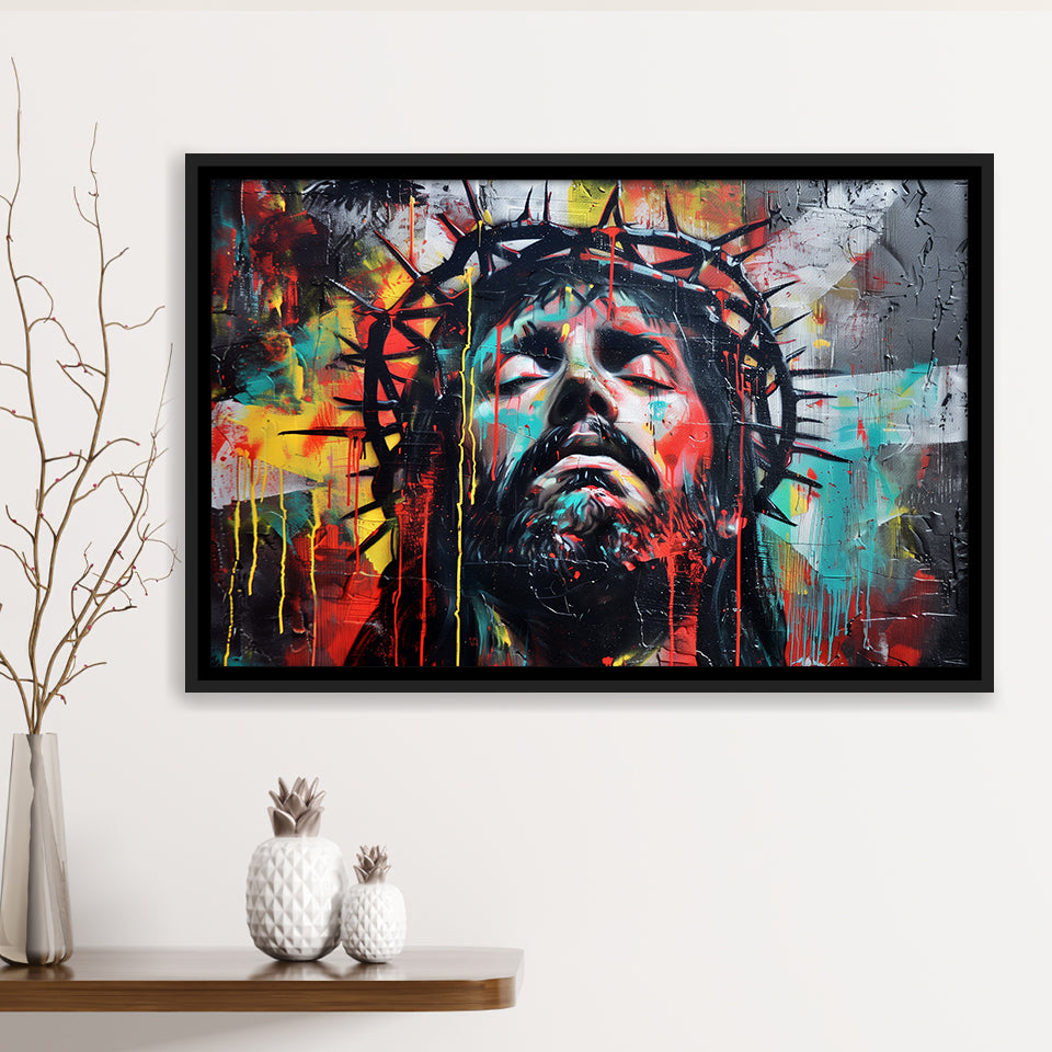 Crown Of Thorns Jesus Christ Portrait Graffiti Painting, Framed Canvas Print Wall Art Decor,Floating Frame