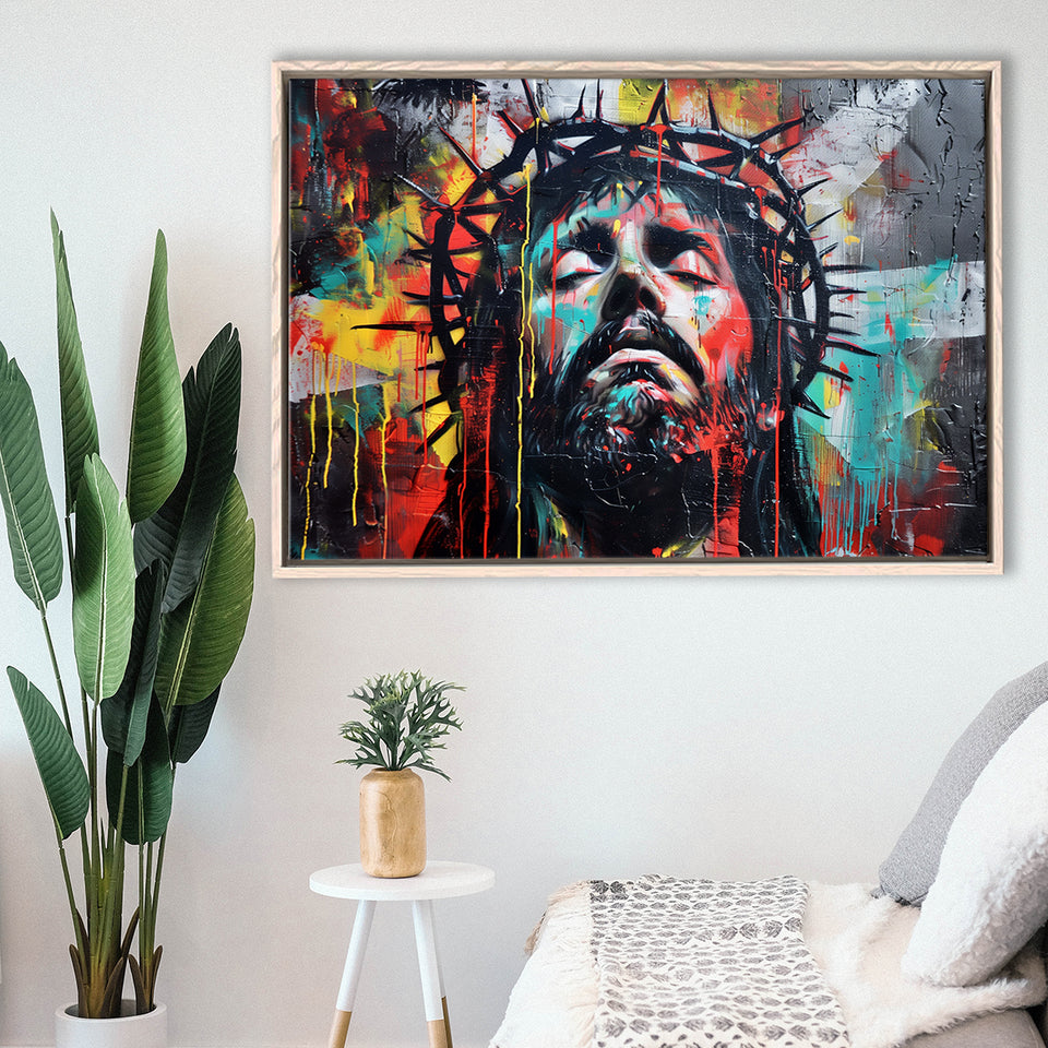 Crown Of Thorns Jesus Christ Portrait Graffiti Painting, Framed Canvas Print Wall Art Decor,Floating Frame