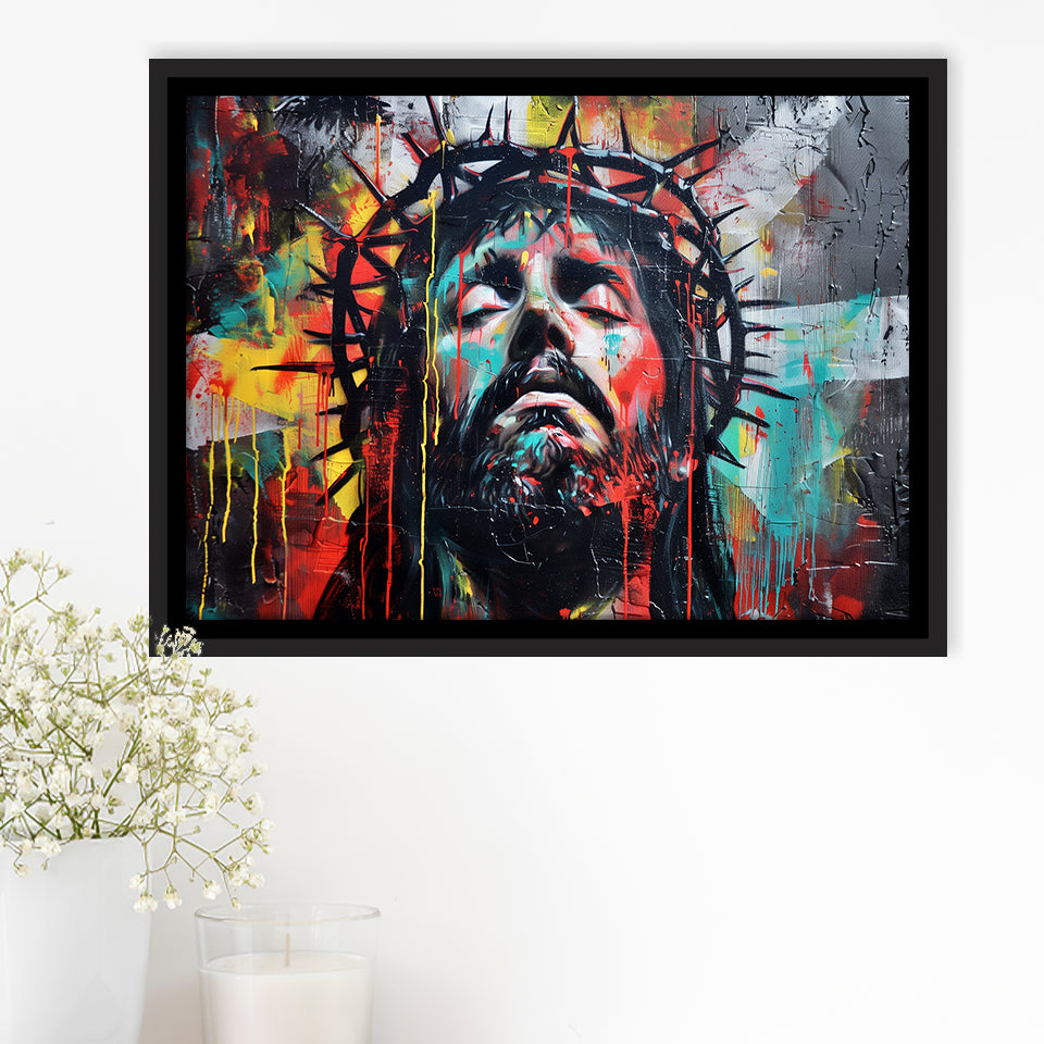 Crown Of Thorns Jesus Christ Portrait Graffiti Painting, Framed Canvas Print Wall Art Decor,Floating Frame