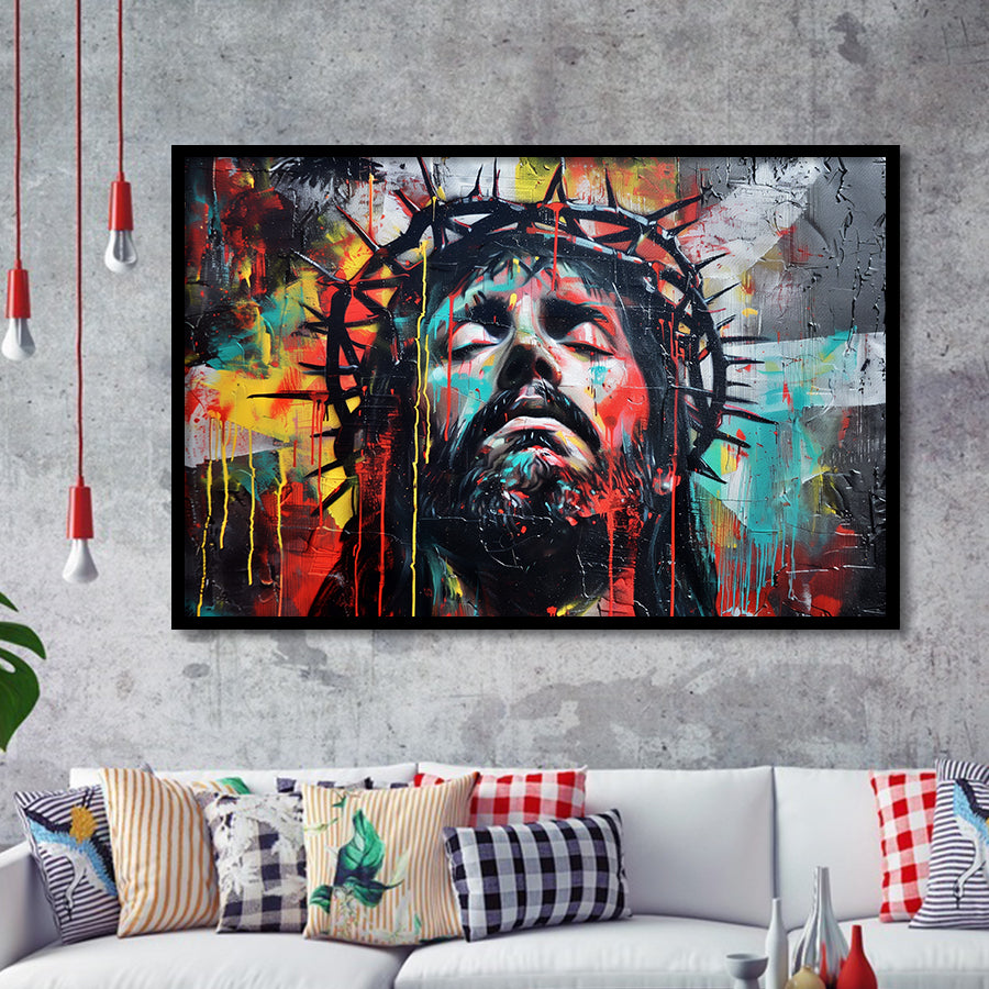 Crown Of Thorns Jesus Christ Portrait Graffiti Painting, Framed Art Print Wall Decor, Framed Picture