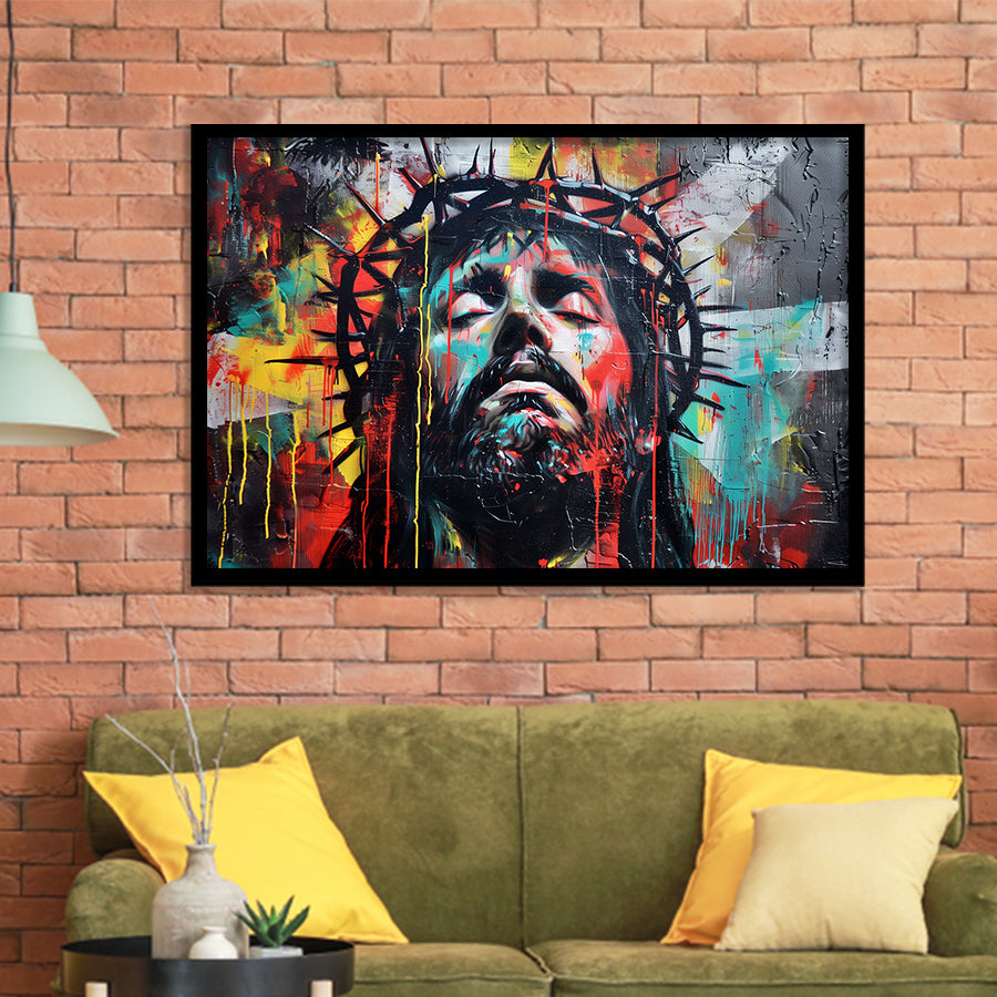 Crown Of Thorns Jesus Christ Portrait Graffiti Painting, Framed Art Print Wall Decor, Framed Picture
