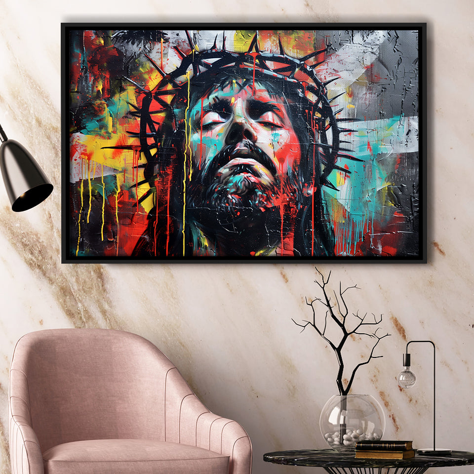 Crown Of Thorns Jesus Christ Portrait Graffiti Painting, Framed Canvas Print Wall Art Decor,Floating Frame