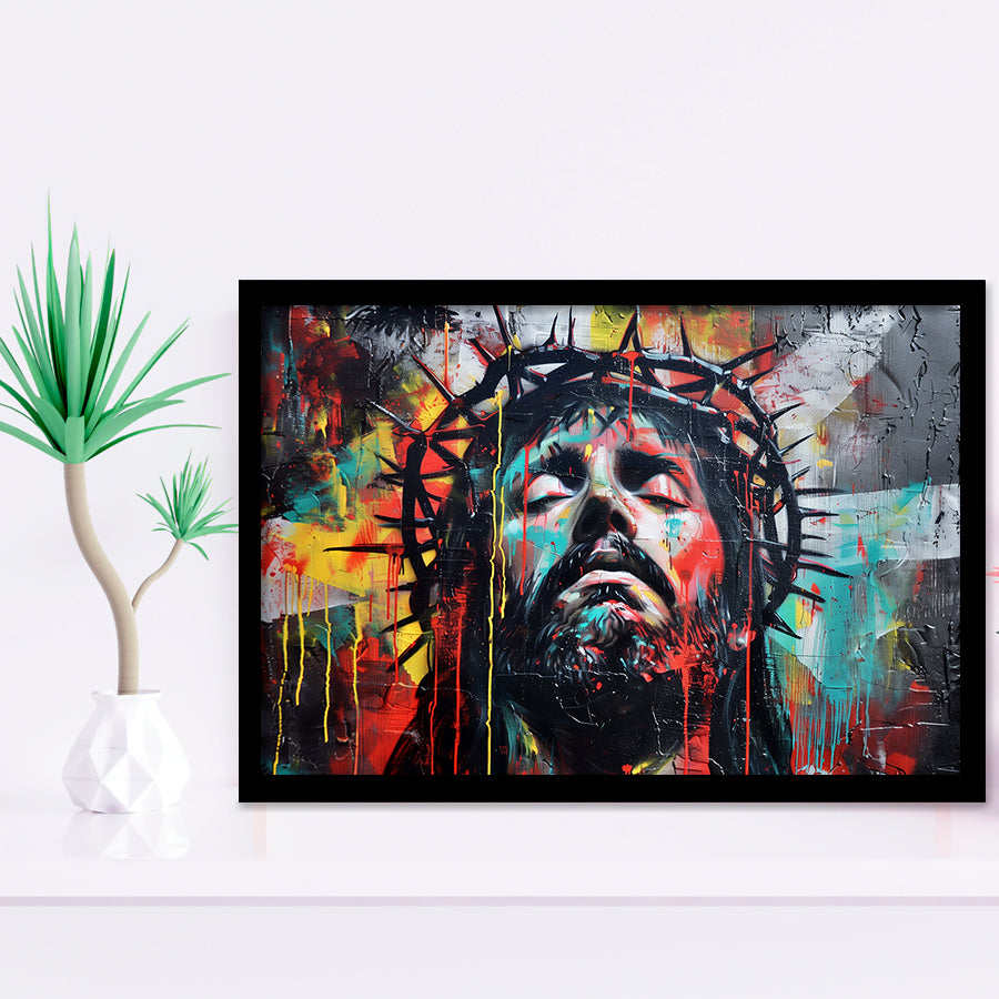 Crown Of Thorns Jesus Christ Portrait Graffiti Painting, Framed Art Print Wall Decor, Framed Picture