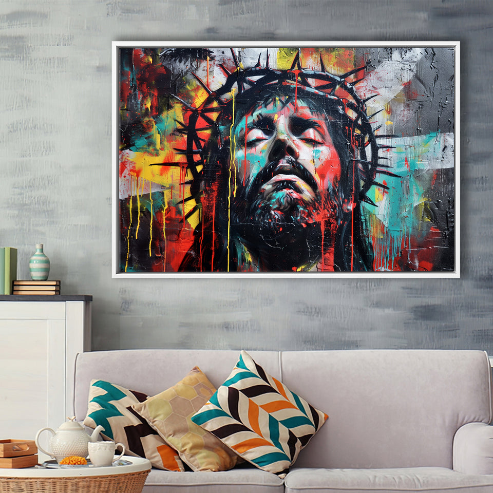 Crown Of Thorns Jesus Christ Portrait Graffiti Painting, Framed Canvas Print Wall Art Decor,Floating Frame