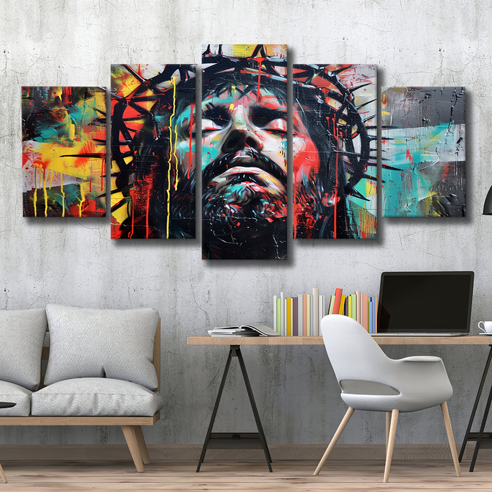 Crown Of Thorns Jesus Christ Portrait Graffiti Painting, Multi Panel Canvas Print Wall Art Decor, 5 Mixed Panel