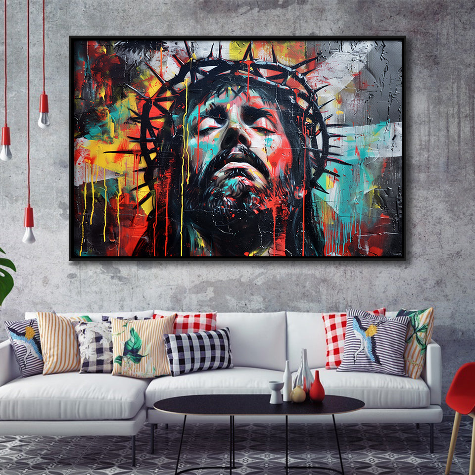 Crown Of Thorns Jesus Christ Portrait Graffiti Painting, Framed Canvas Print Wall Art Decor,Floating Frame