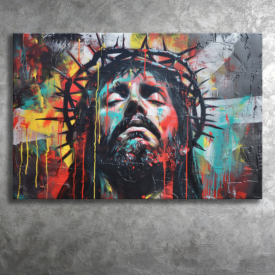 Crown Of Thorns Jesus Christ Portrait Graffiti Painting, Canvas Print Wall Art Decor, Landscape Art Print