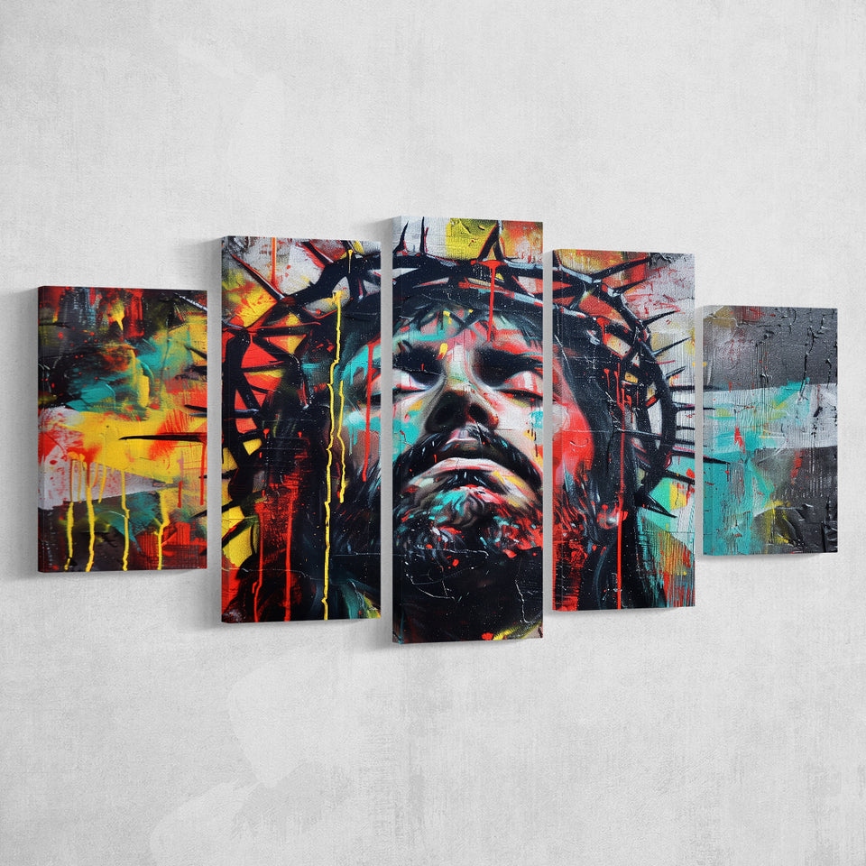Crown Of Thorns Jesus Christ Portrait Graffiti Painting, Multi Panel Canvas Print Wall Art Decor, 5 Mixed Panel