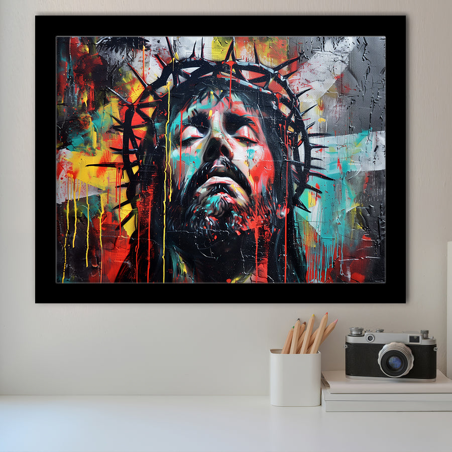 Crown Of Thorns Jesus Christ Portrait Graffiti Painting, Framed Art Print Wall Decor, Framed Picture