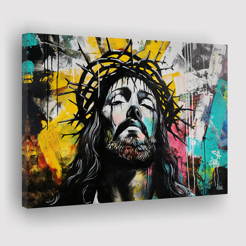 Crown Of Thorns Jesus Christ Portrait Graffiti, Canvas Print Wall Art Decor, Landscape Art Print