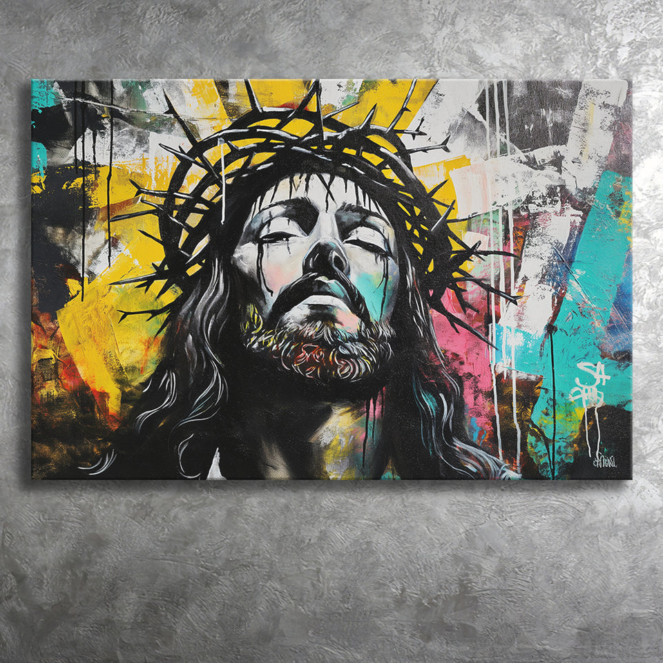 Crown Of Thorns Jesus Christ Portrait Graffiti, Canvas Print Wall Art Decor, Landscape Art Print