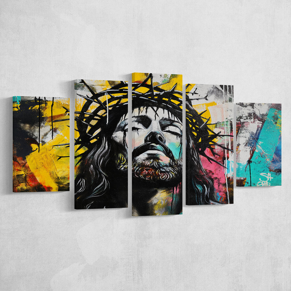 Crown Of Thorns Jesus Christ Portrait Graffiti, Multi Panel Canvas Print Wall Art Decor, 5 Mixed Panel