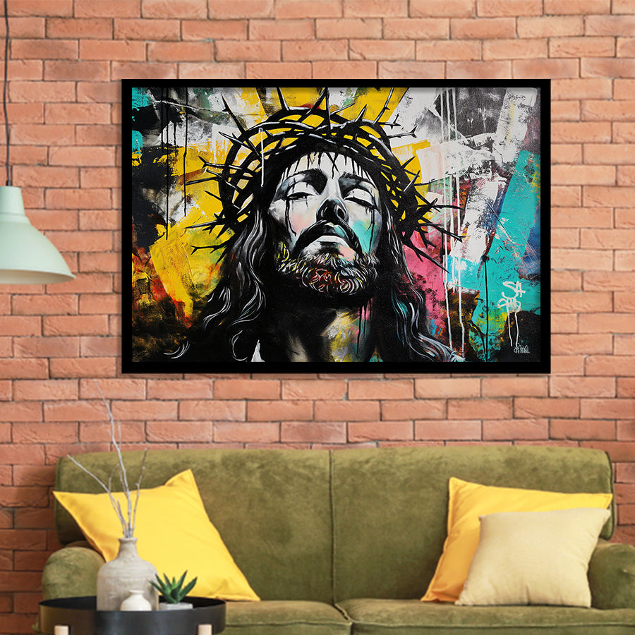 Crown Of Thorns Jesus Christ Portrait Graffiti, Framed Art Print Wall Decor, Framed Picture