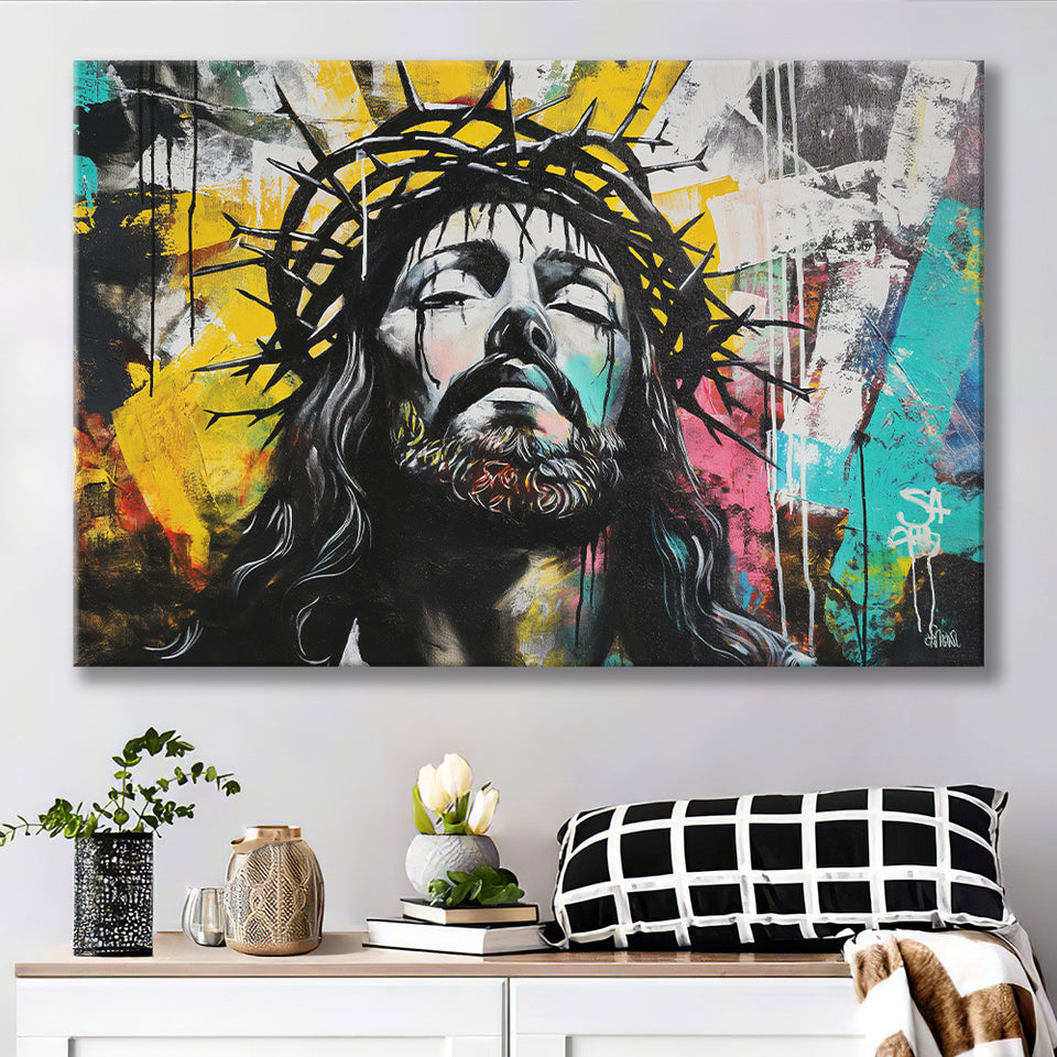 Crown Of Thorns Jesus Christ Portrait Graffiti, Canvas Print Wall Art Decor, Landscape Art Print