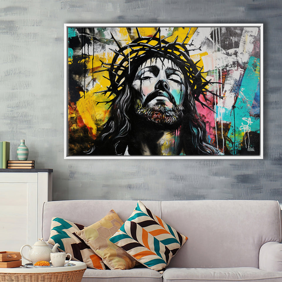 Crown Of Thorns Jesus Christ Portrait Graffiti, Framed Canvas Print Wall Art Decor,Floating Frame