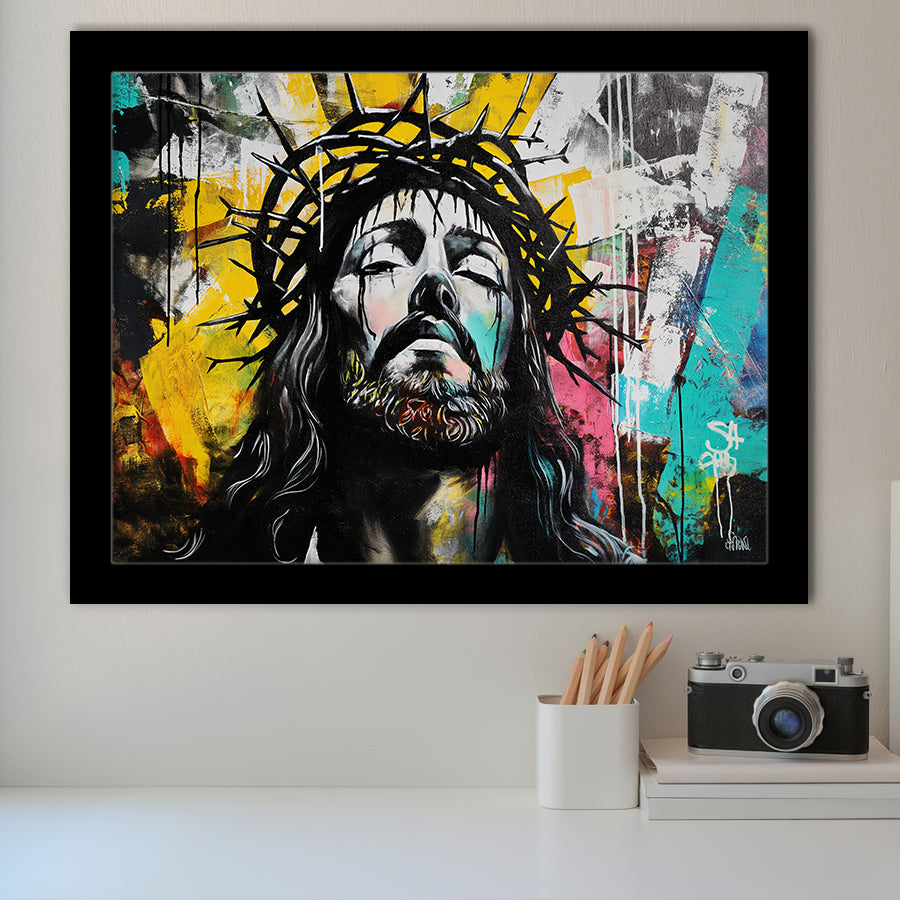 Crown Of Thorns Jesus Christ Portrait Graffiti, Framed Art Print Wall Decor, Framed Picture