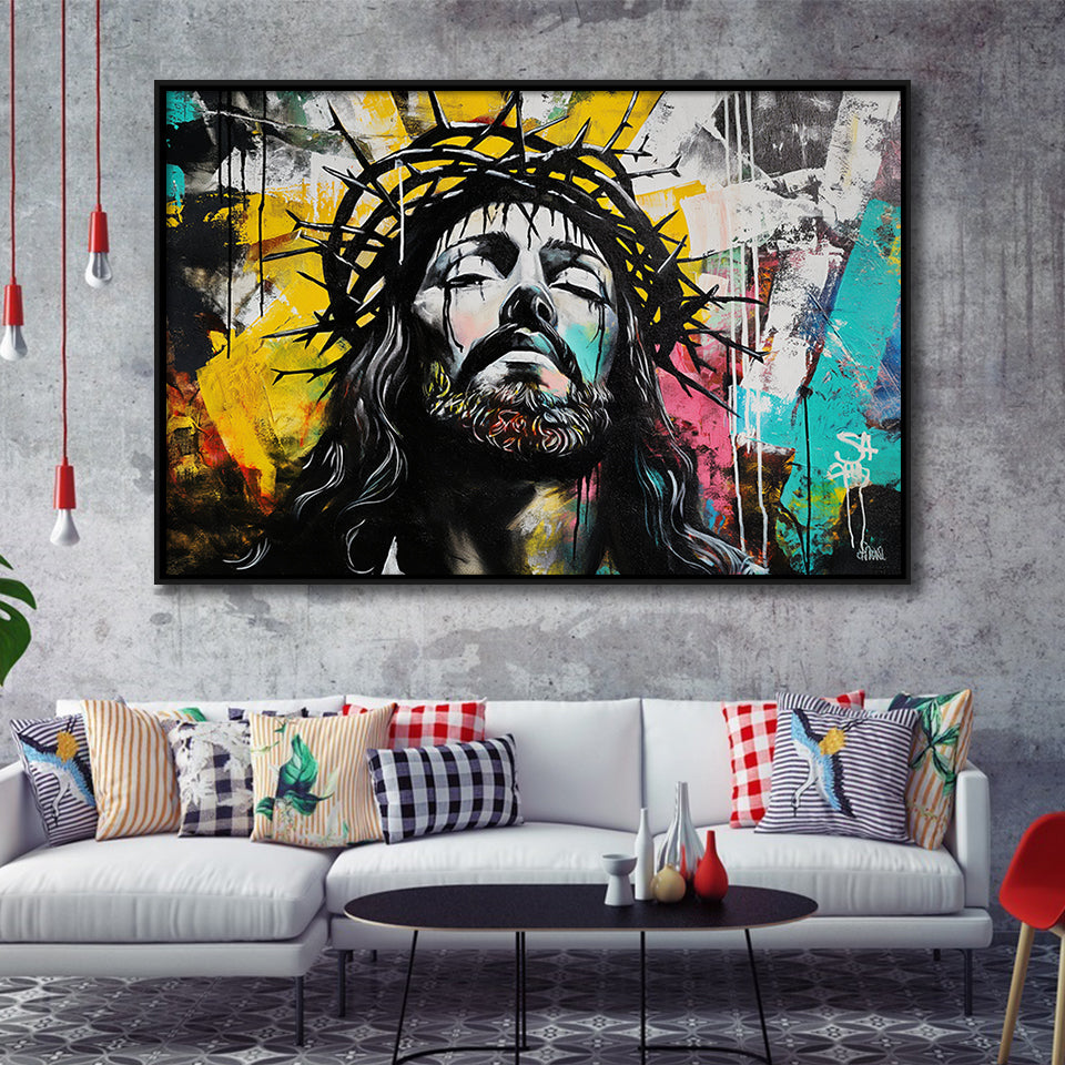 Crown Of Thorns Jesus Christ Portrait Graffiti, Framed Canvas Print Wall Art Decor,Floating Frame