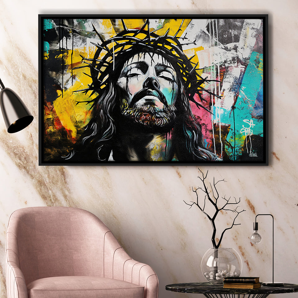 Crown Of Thorns Jesus Christ Portrait Graffiti, Framed Canvas Print Wall Art Decor,Floating Frame