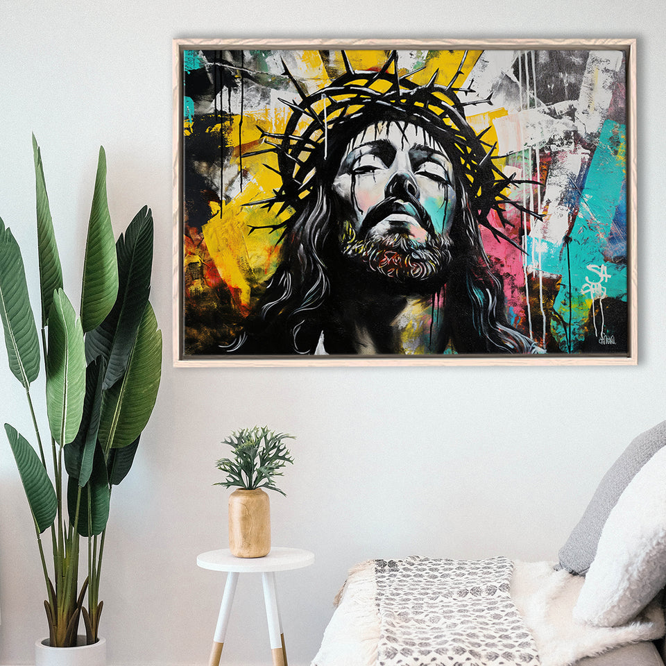 Crown Of Thorns Jesus Christ Portrait Graffiti, Framed Canvas Print Wall Art Decor,Floating Frame