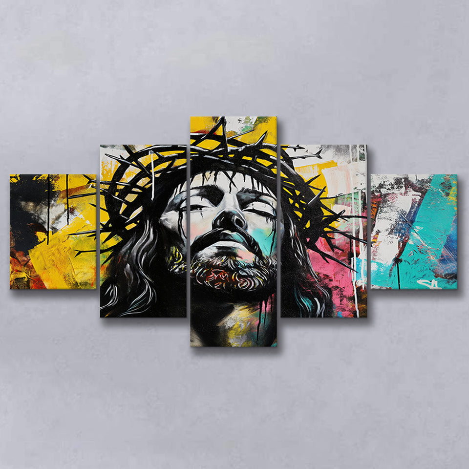 Crown Of Thorns Jesus Christ Portrait Graffiti, Multi Panel Canvas Print Wall Art Decor, 5 Mixed Panel