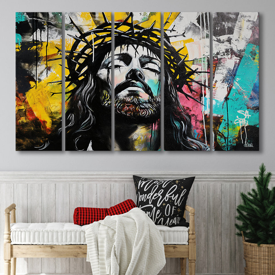 Crown Of Thorns Jesus Christ Portrait Graffiti, Extra Large Multi 5 Panel Canvas Print Wall Art Decor