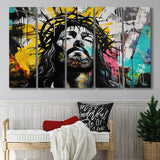 Crown Of Thorns Jesus Christ Portrait Graffiti, Extra Large Multi 5 Panel Canvas Print Wall Art Decor