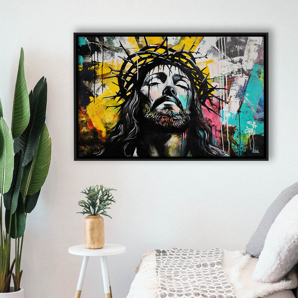 Crown Of Thorns Jesus Christ Portrait Graffiti, Framed Canvas Print Wall Art Decor,Floating Frame