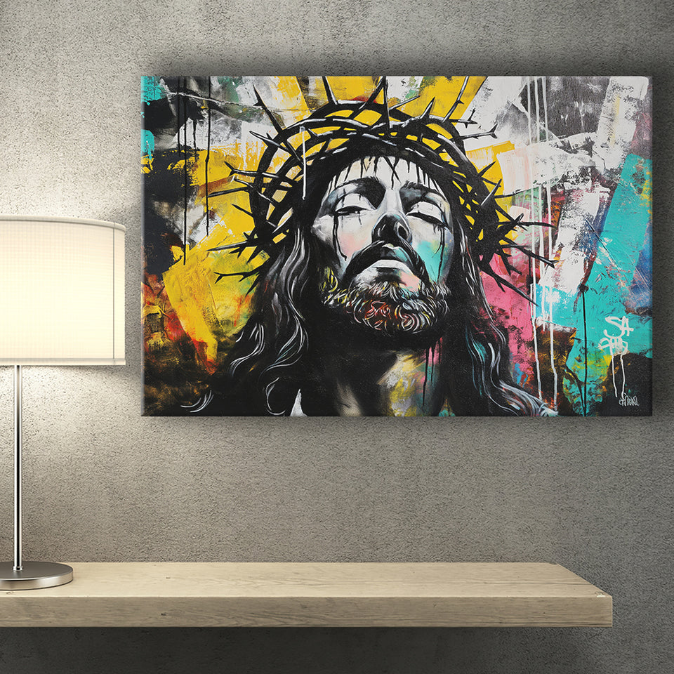 Crown Of Thorns Jesus Christ Portrait Graffiti, Canvas Print Wall Art Decor, Landscape Art Print