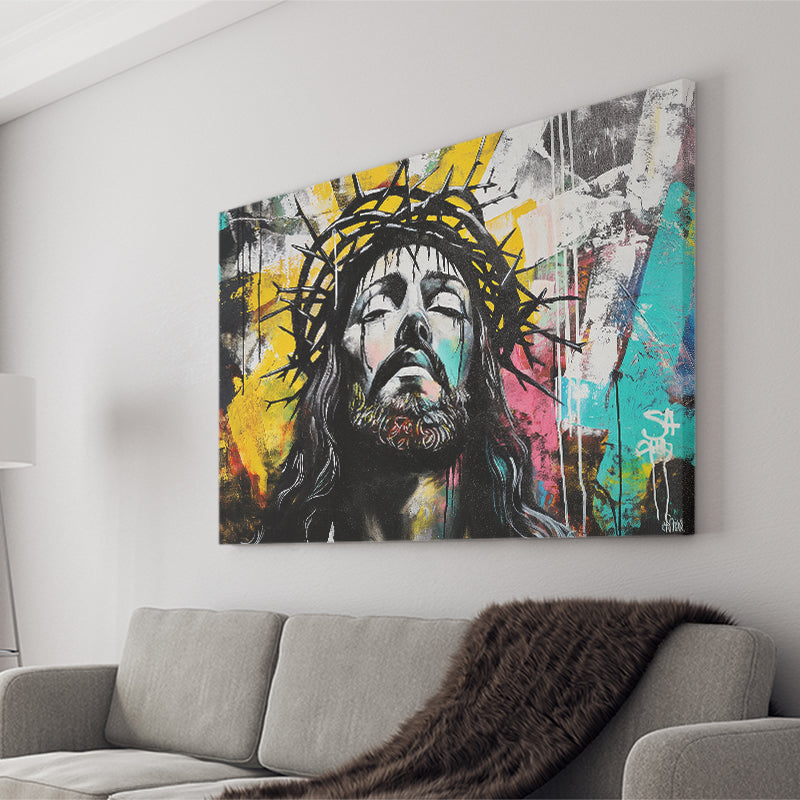 Crown Of Thorns Jesus Christ Portrait Graffiti, Canvas Print Wall Art Decor, Landscape Art Print