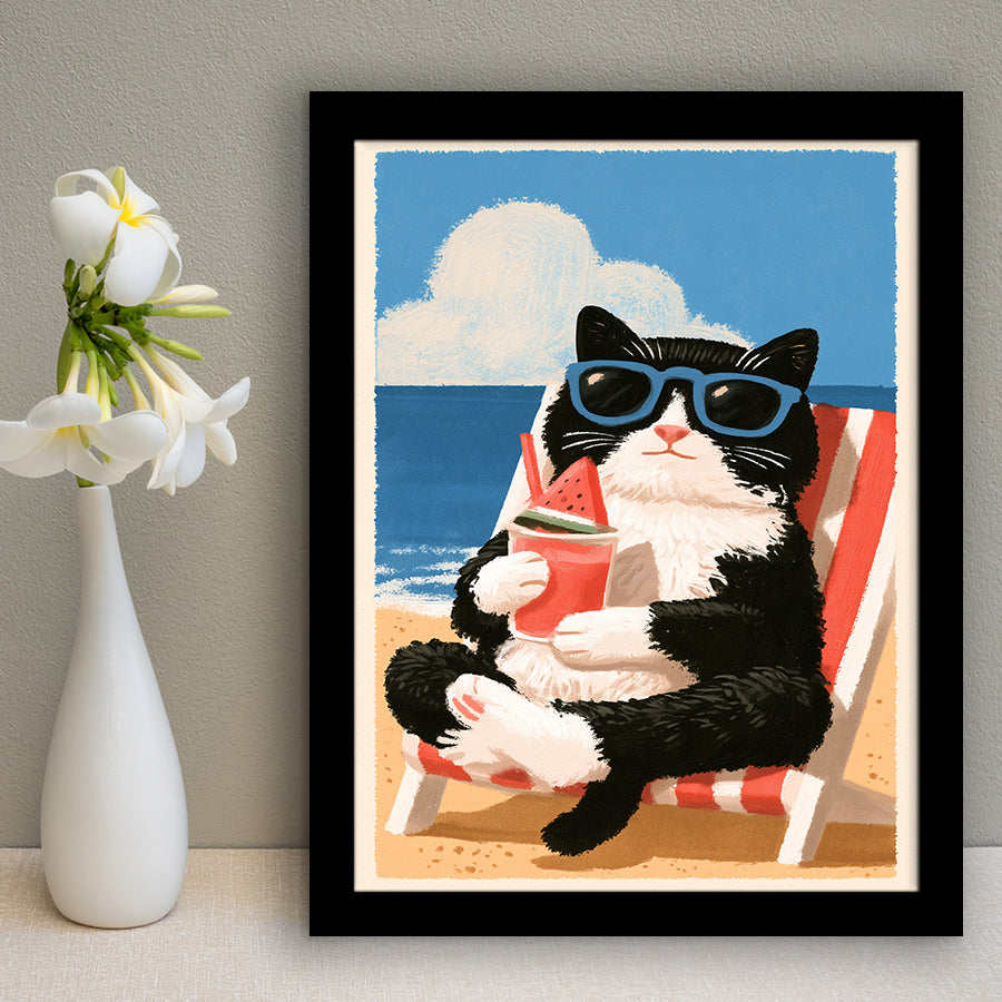 Cute Black White Cat On The Beach,Funny Pet Lover Art, Vintage Painting, Framed Art Print, Fine Art Wall Decor