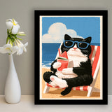 Cute Black White Cat On The Beach,Funny Pet Lover Art, Vintage Painting, Framed Art Print, Fine Art Wall Decor