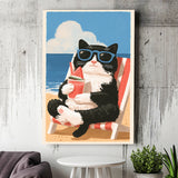 Cute Black White Cat On The Beach,Funny Pet Lover Art, Vintage Painting, Canvas Print Wall Art, Wall Decor
