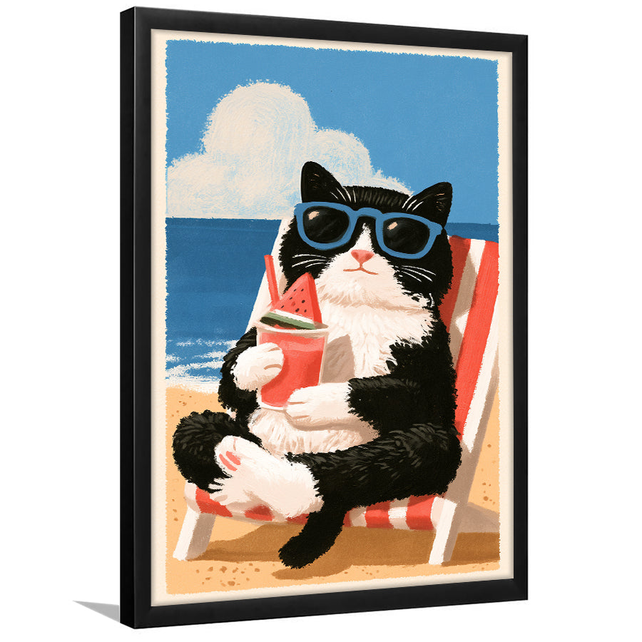 Cute Black White Cat On The Beach,Funny Pet Lover Art, Vintage Painting, Framed Art Print, Fine Art Wall Decor